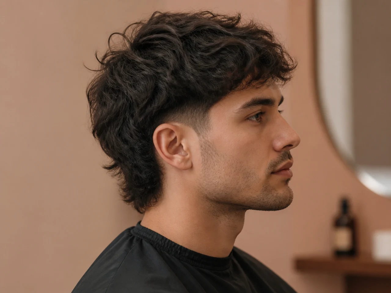 Soft mullet with a subtle low taper at the ear and rounded top layers