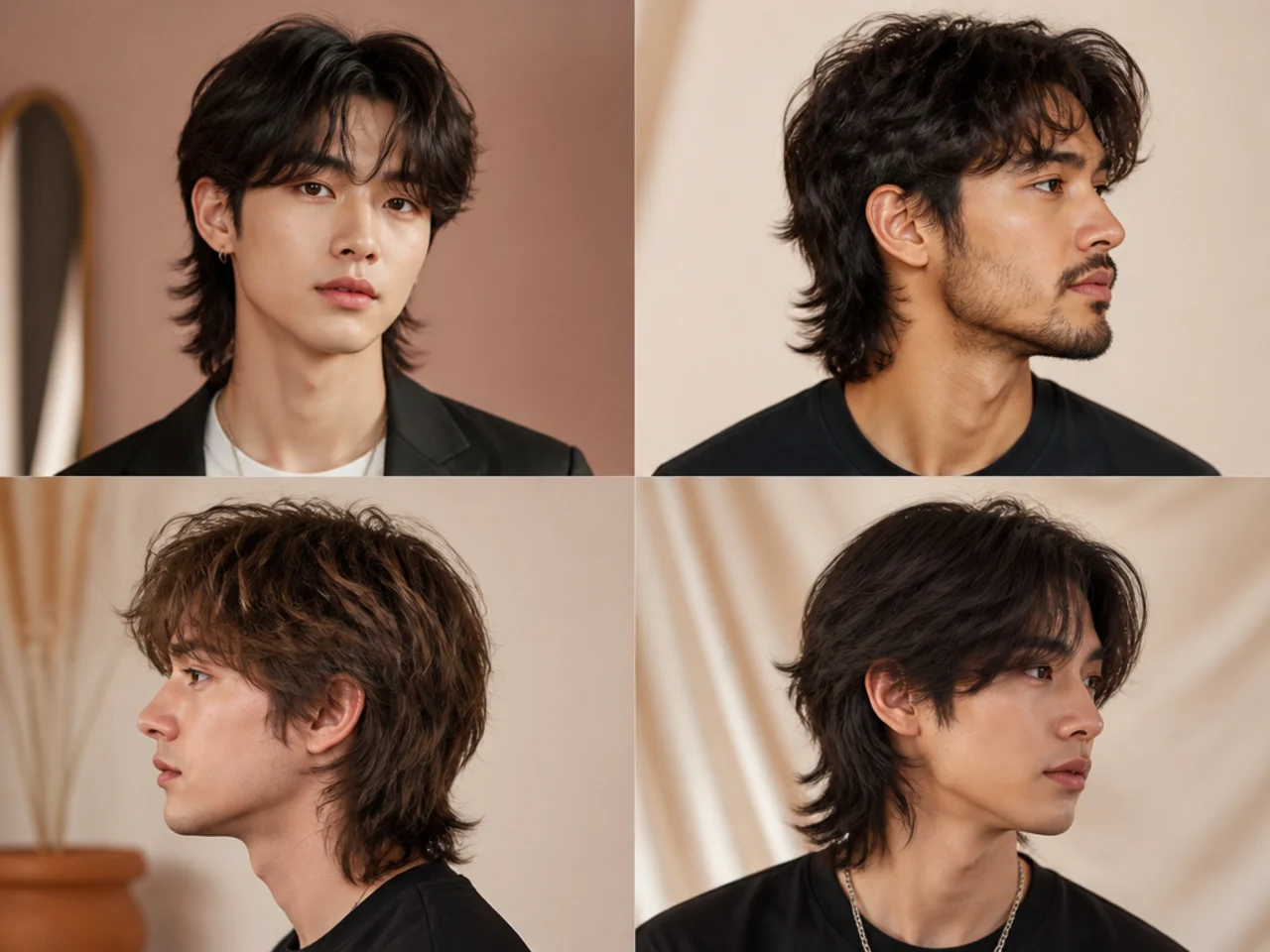 Soft Korean-influenced mullet on a young Asian man with glossy finish and forward fringe