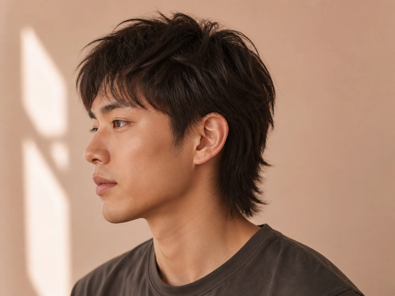 Soft mullet on a man with fine hair showing lifted roots and feathered ends