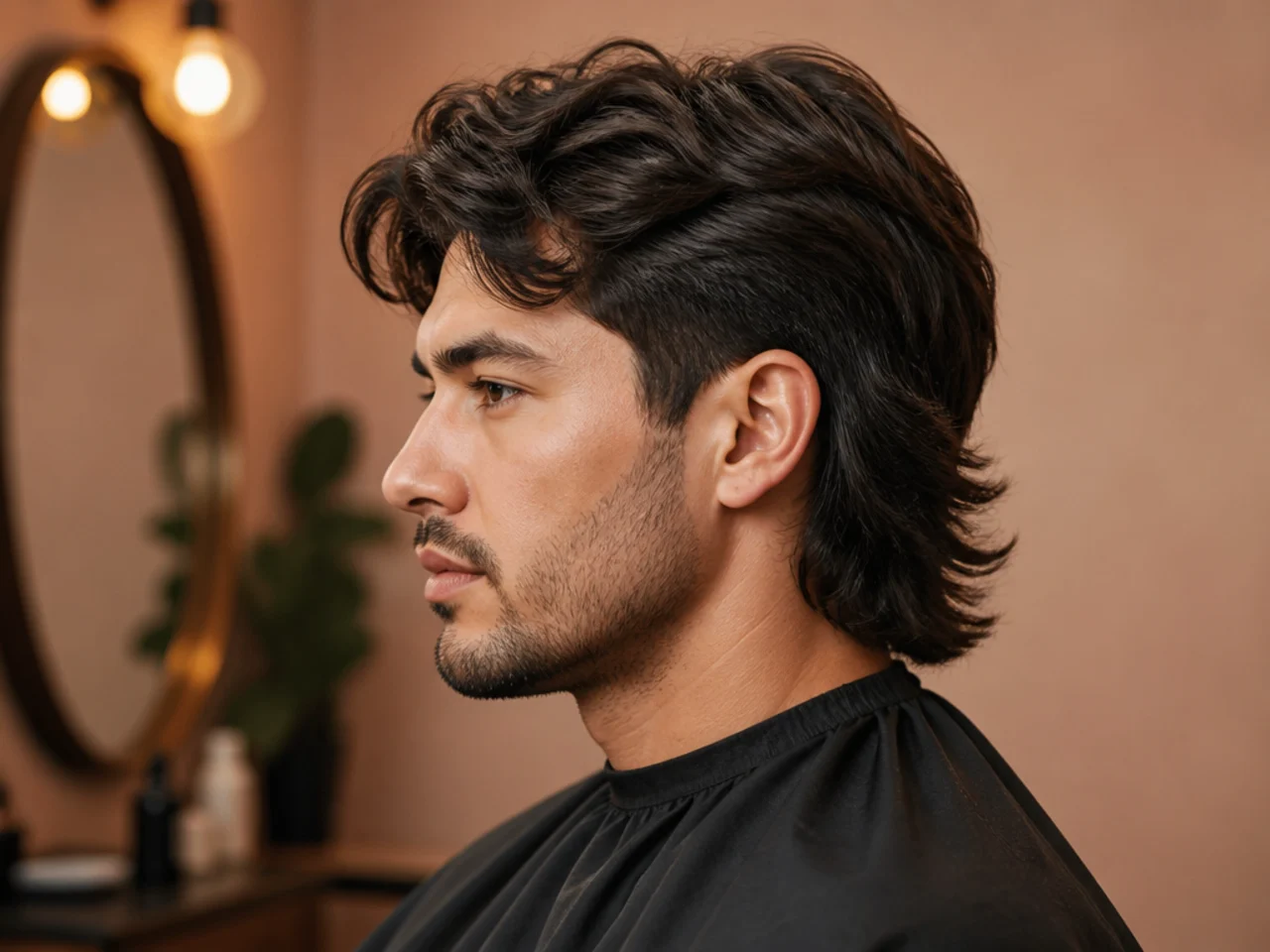 Soft mullet on a man with thick hair showing layered bulk removal and rounded perimeter