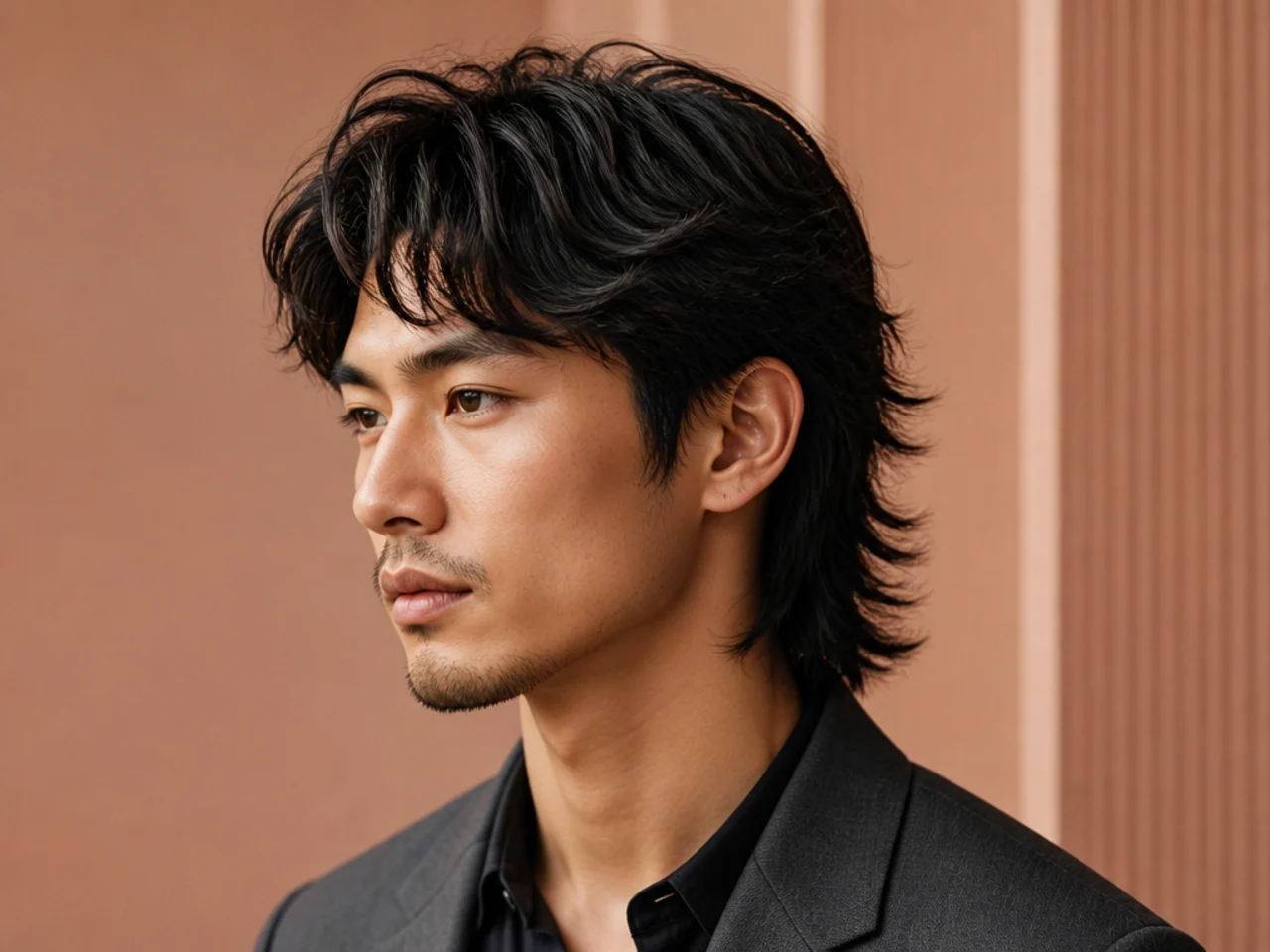 Soft business mullet with clean rounded top layers and side-swept fringe