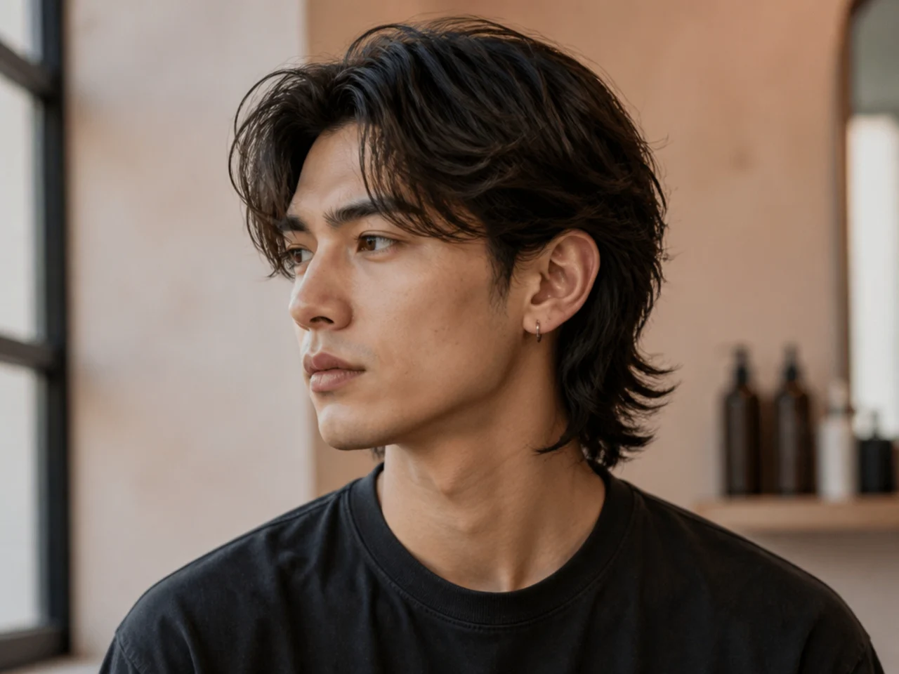 Soft mullet with center-parted curtain fringe framing the face