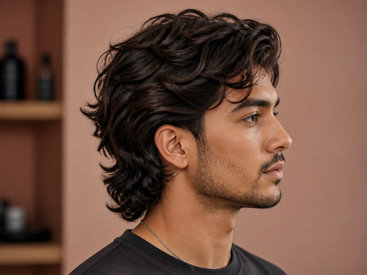 Soft mullet with defined side part and swept-over front