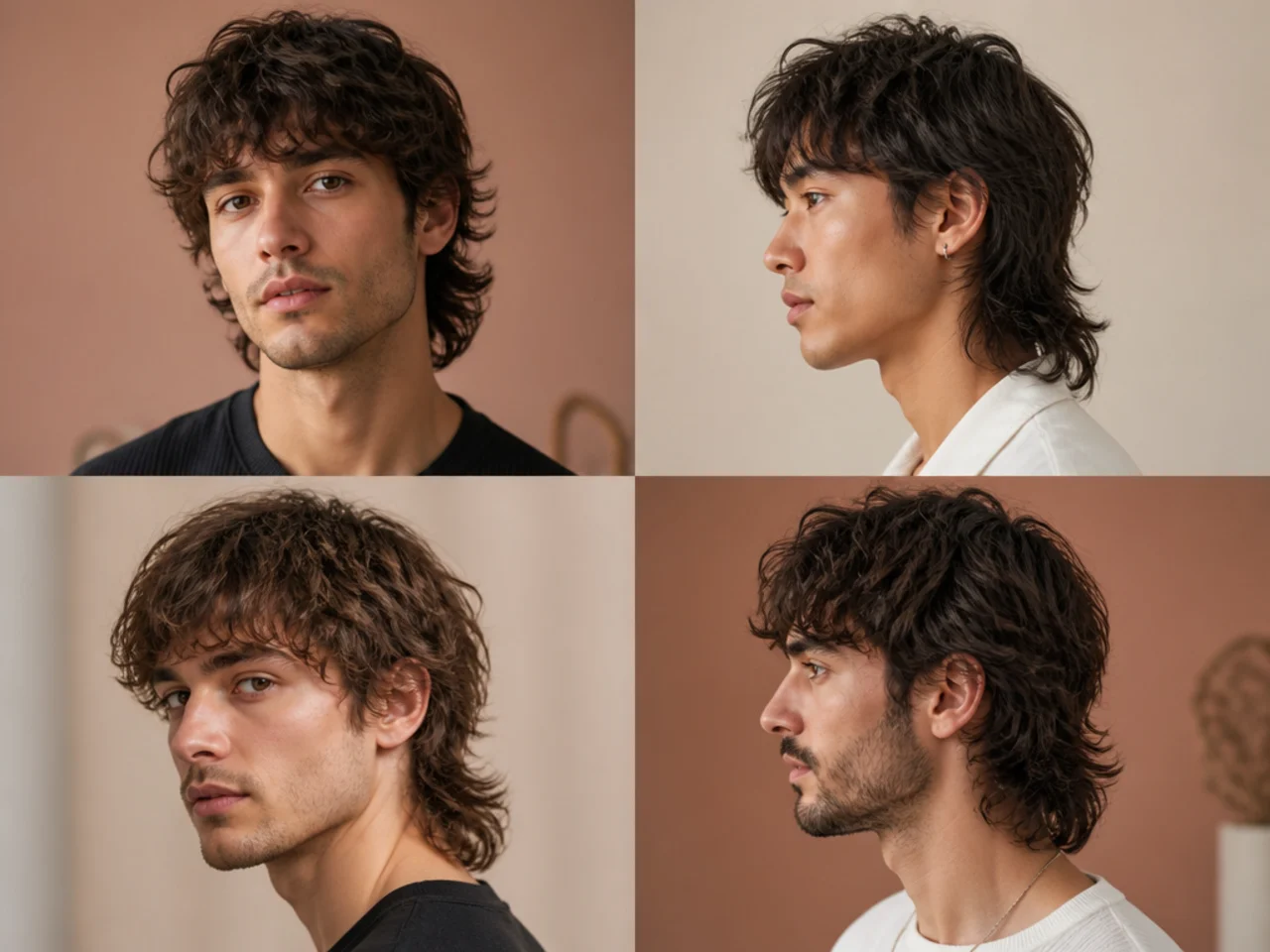 Soft wavy mullet on a man with natural loose waves and feathered nape