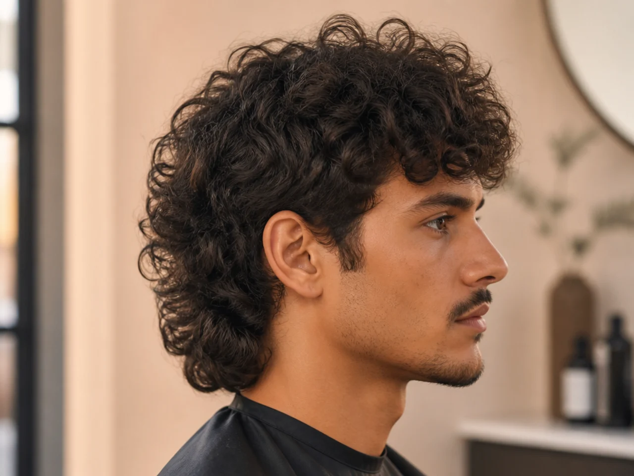 Soft curly mullet on a man with type 3 curls and dry-cut internal layering