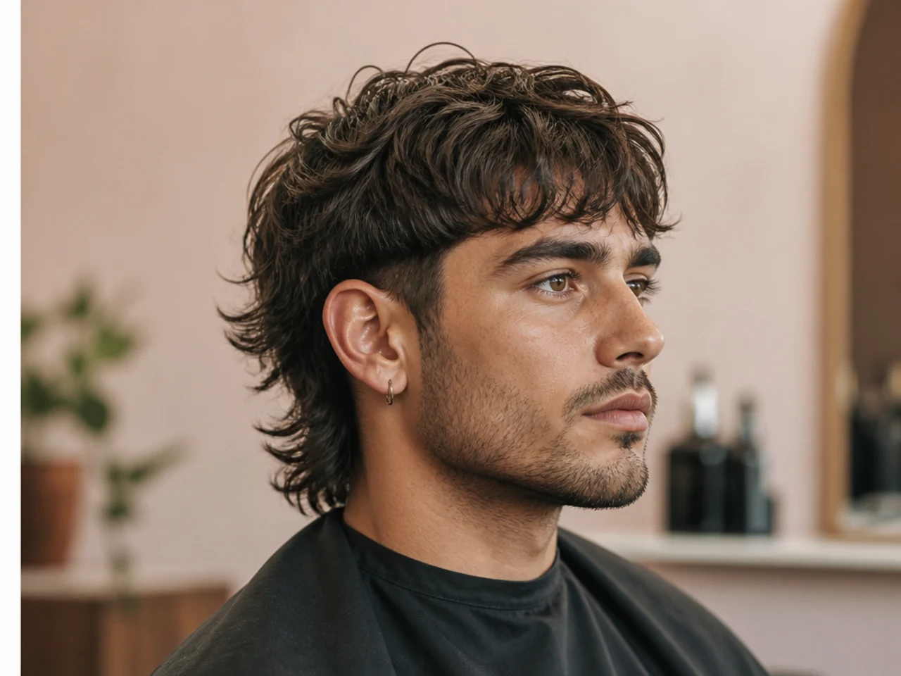 Barber and client discussing soft mullet reference photos in a modern barbershop