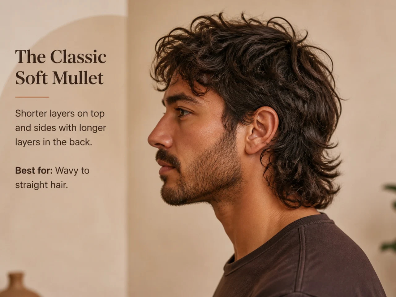 Three young men side-by-side showing three soft mullet variations across hair types