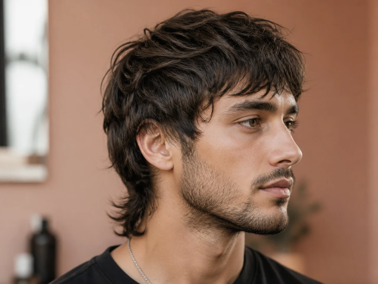 Side profile of a soft mullet showing rounded internal layers, feathered nape, and scissor-blended sides