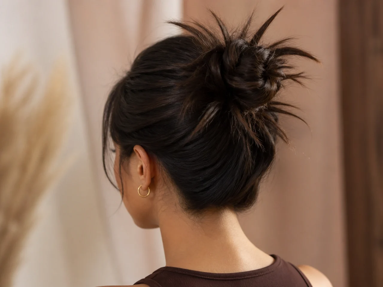 A spiky bun on thick hair