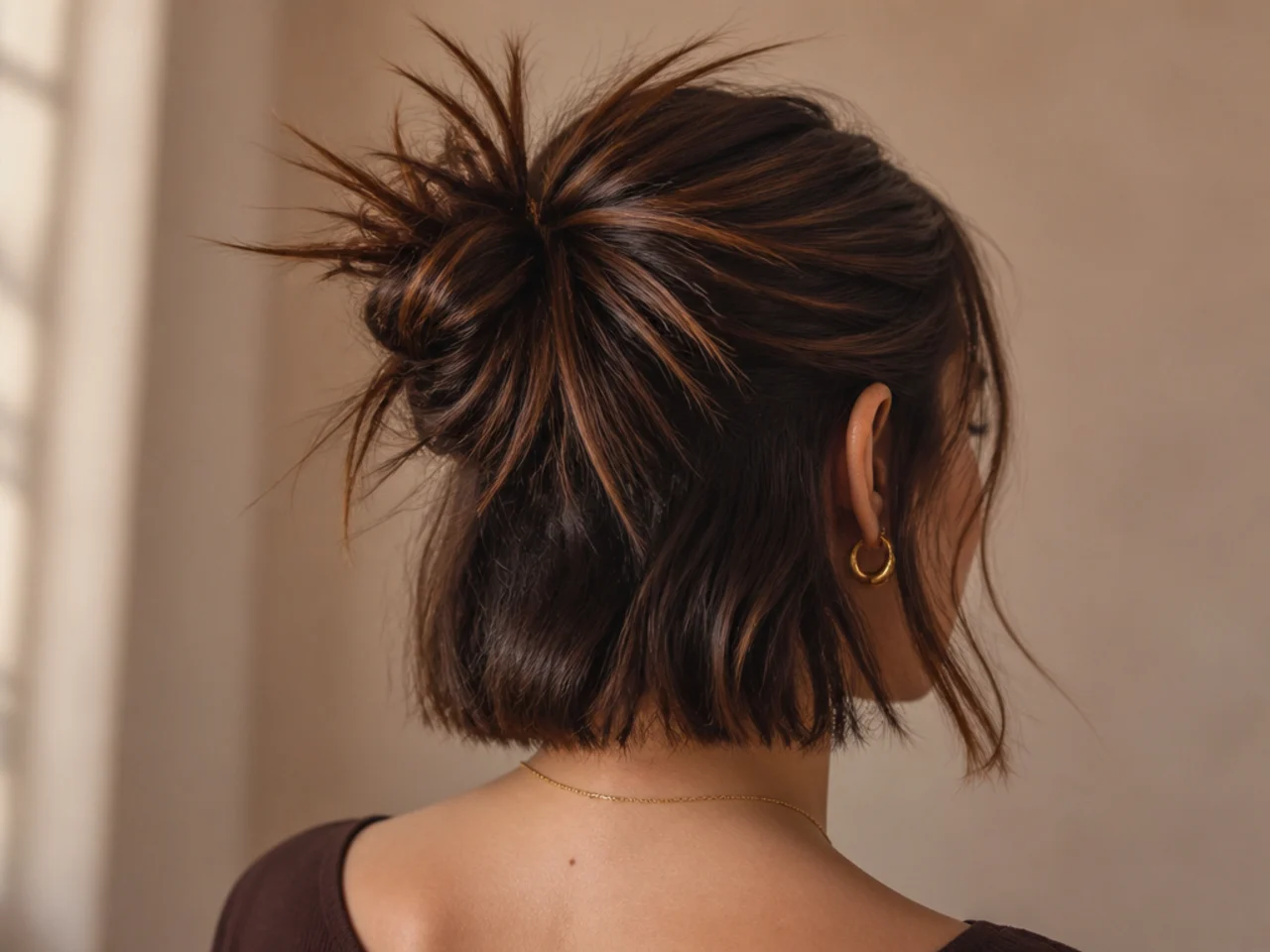 A spiky bun on bob-length hair