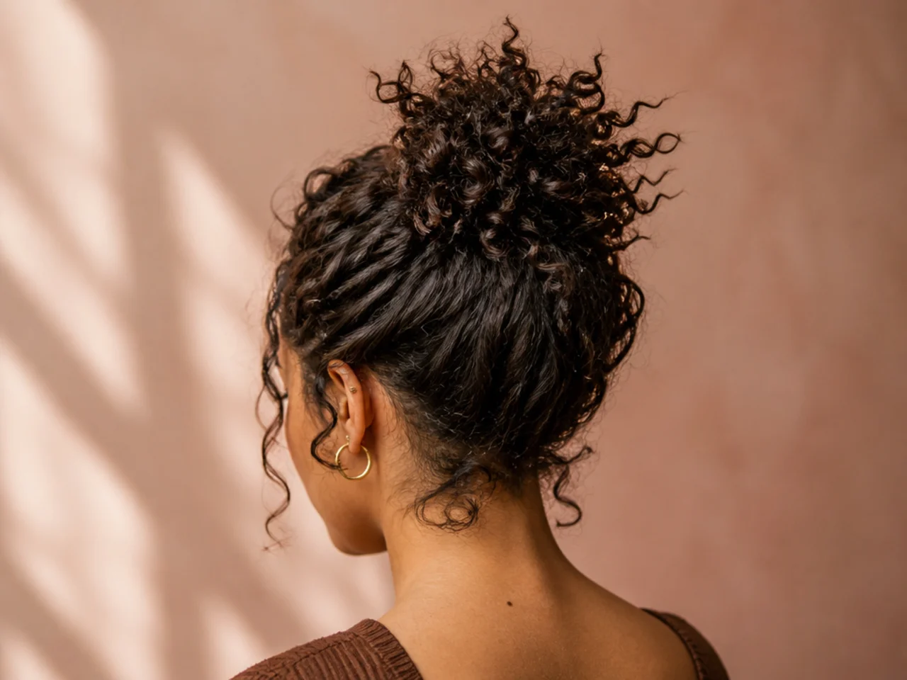 A spiky bun on curly hair