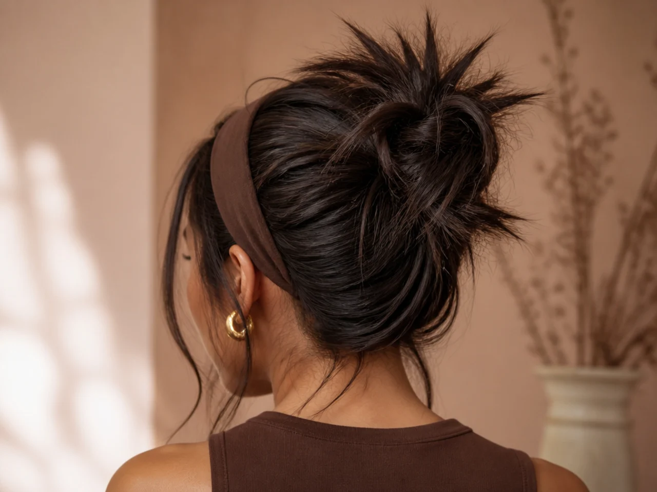 A spiky bun worn with a headband