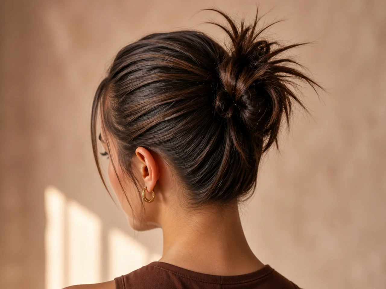 A spiky bun on second-day hair