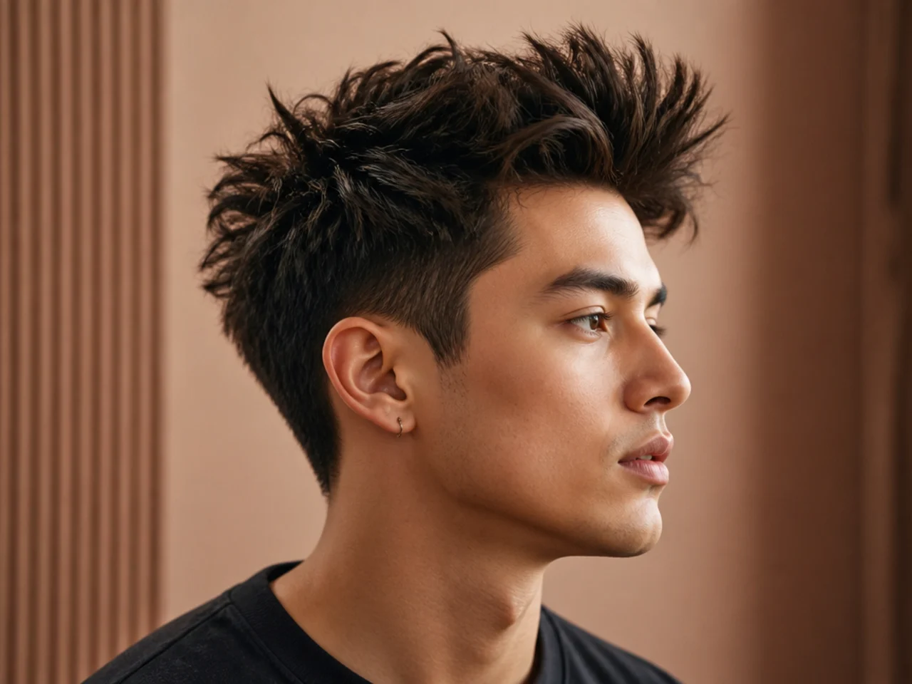 Spiky blowout cut on a young man with volume swept up and outward