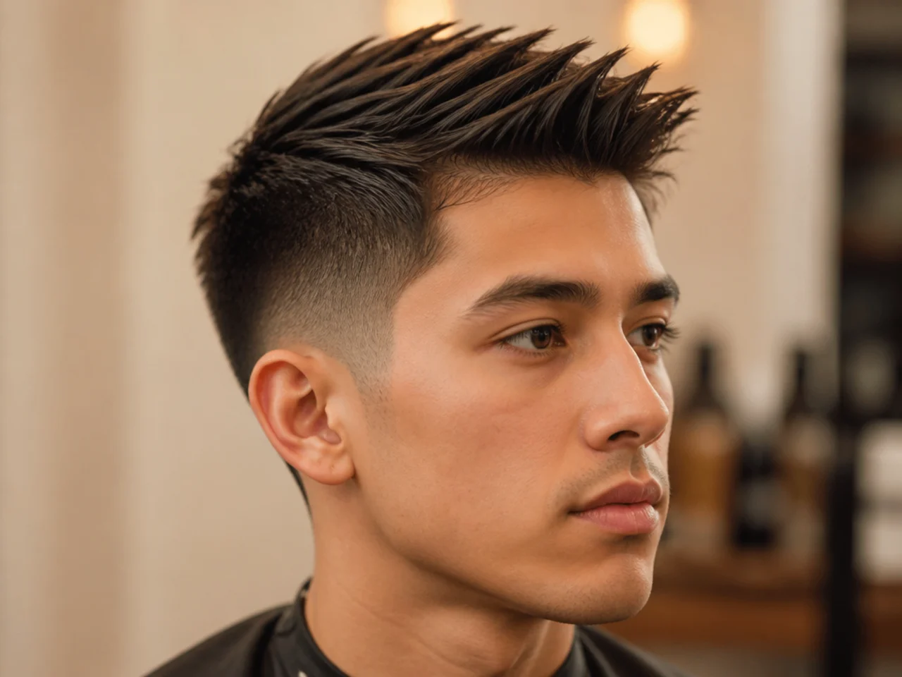 Spiky comb over on a man with side-swept top and mid fade
