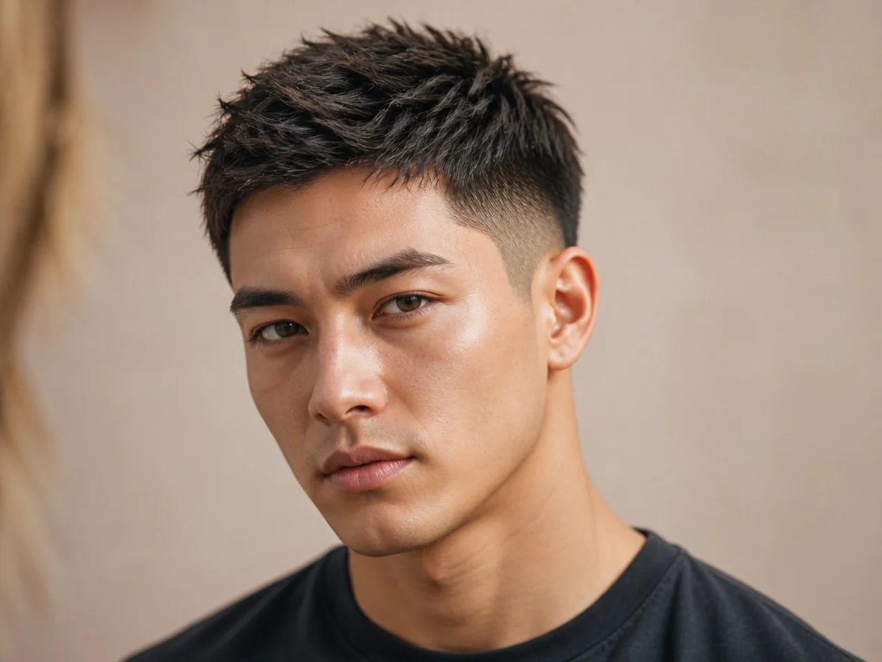 Short spiky French crop with a blunt fringe and mid fade