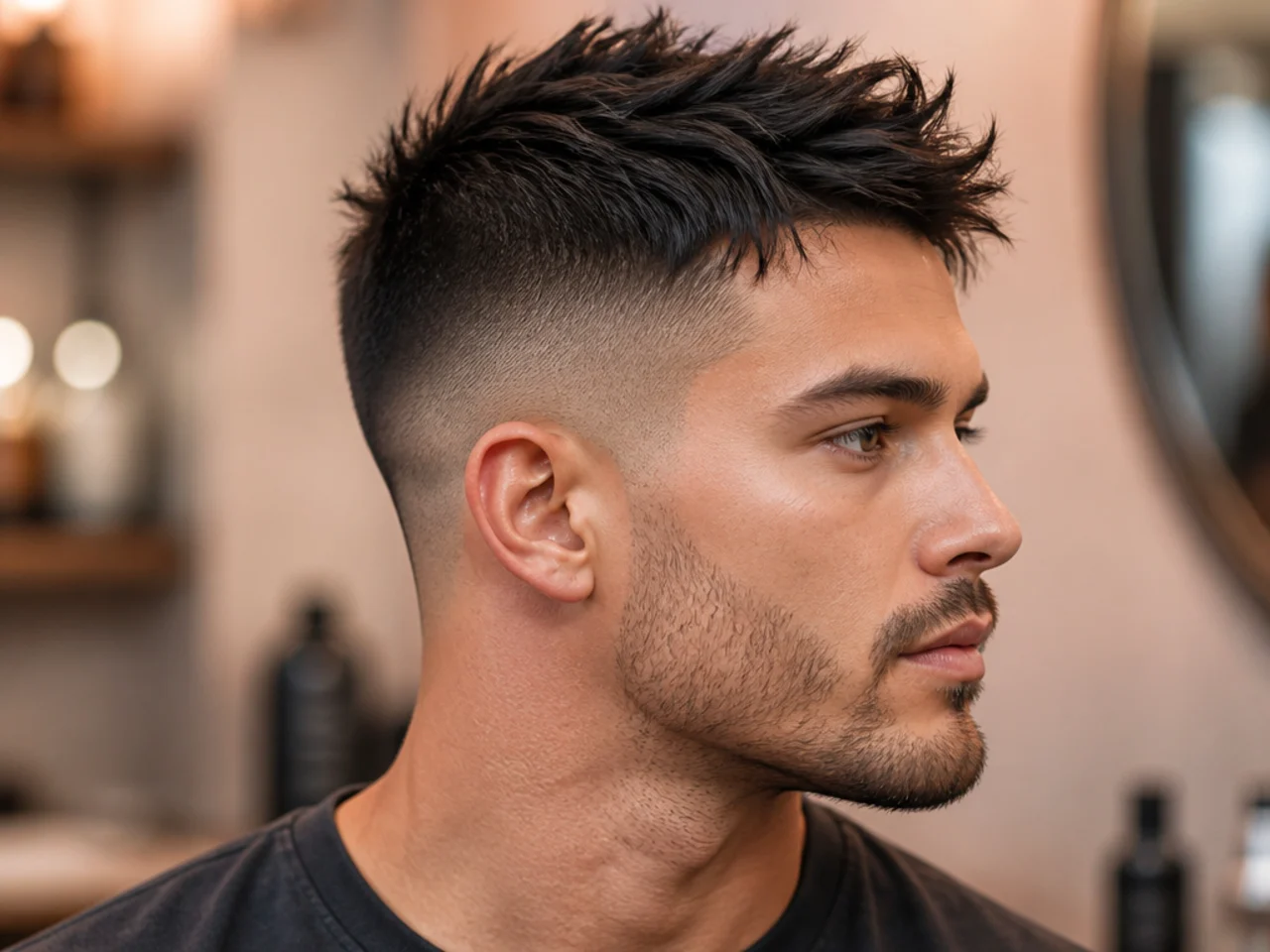 Spiky top with a skin fade on a man showing high contrast