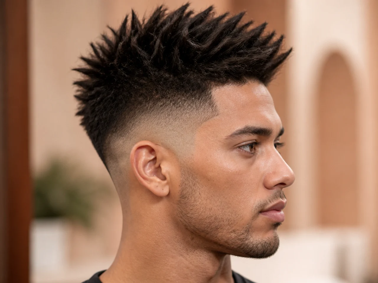 Spiky burst fade with an arc curving around the ear