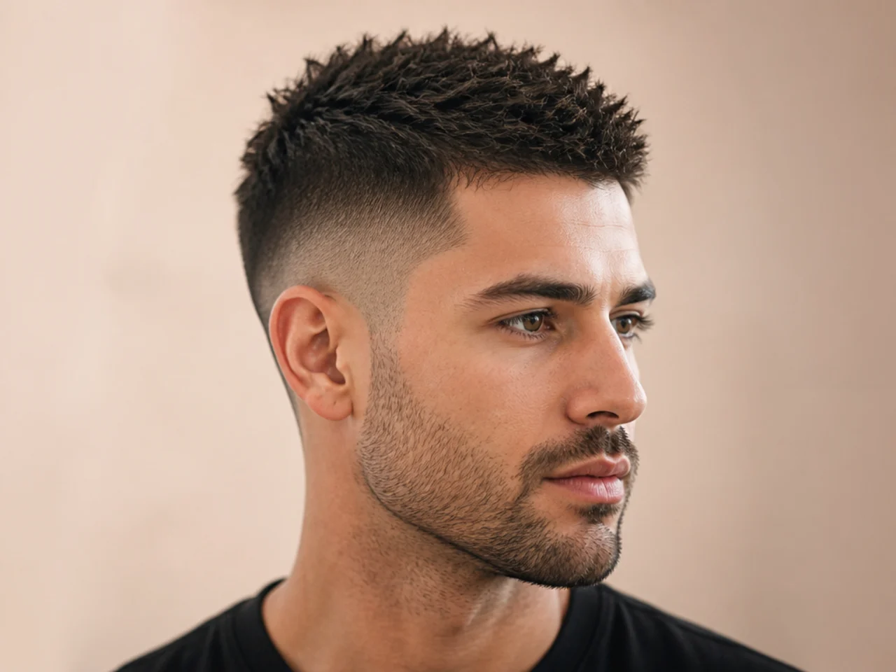 Short spiky crew cut on a man with a short military-adjacent shape