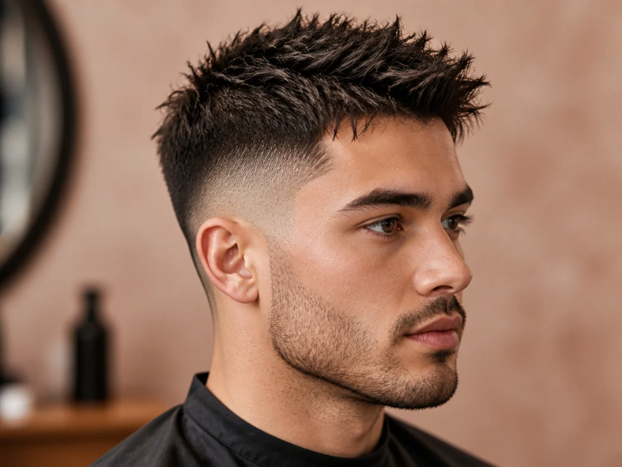 Textured short spikes with a low fade on a man with defined spike pieces