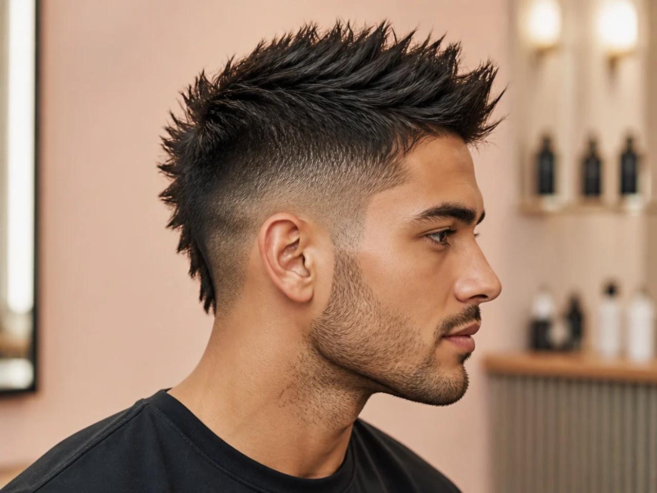 Spiky faux hawk on a man with a taller center spike and shorter sides