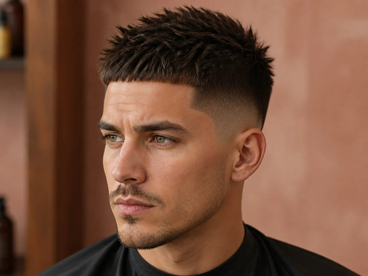 Spiky Caesar cut with a short forward fringe and lightly spiked top