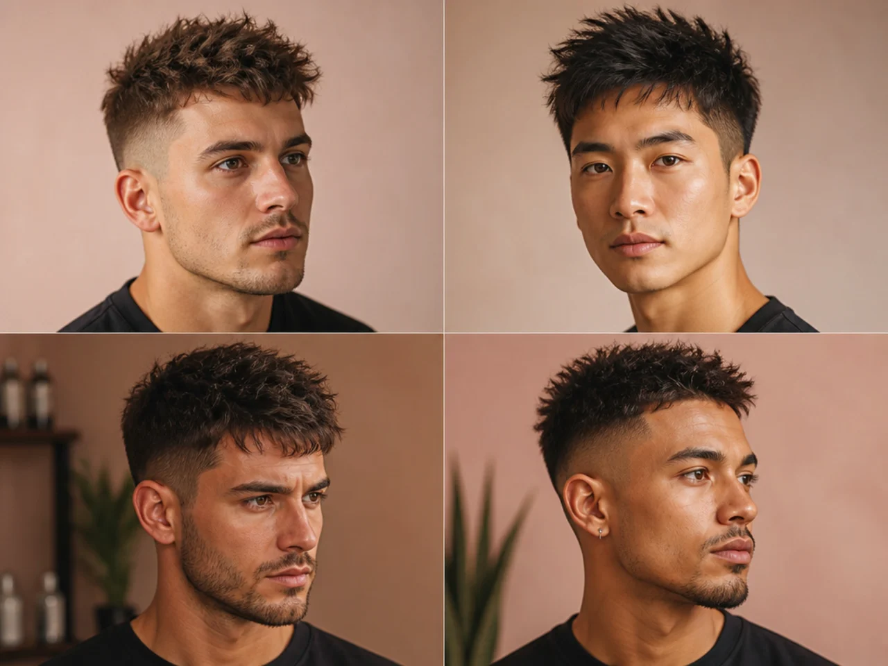 Short messy spikes on a young man with intentionally uneven texture