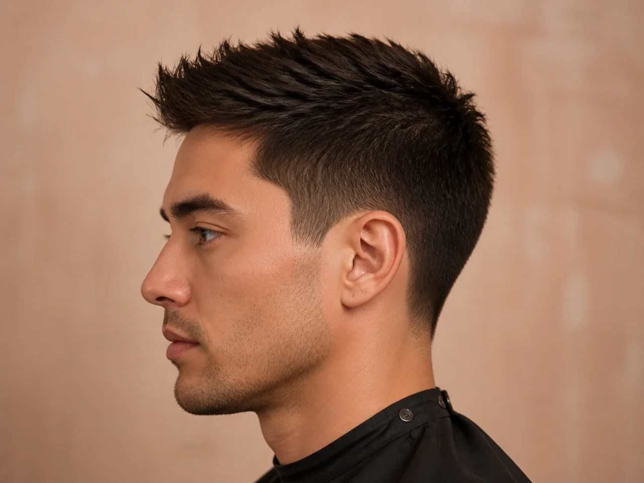 Short spiky Ivy League cut with a side part and lightly spiked top