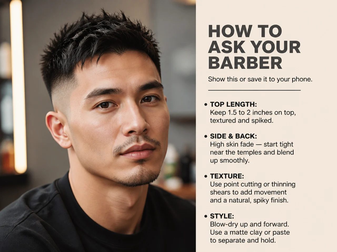 Barber consulting with a client about a short spiky haircut in a modern barbershop