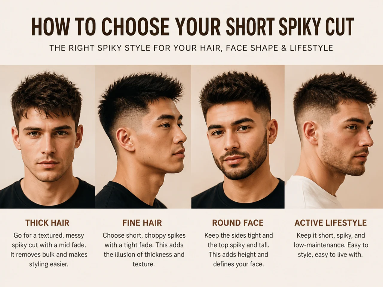 Three men wearing different short spiky variations on different face shapes