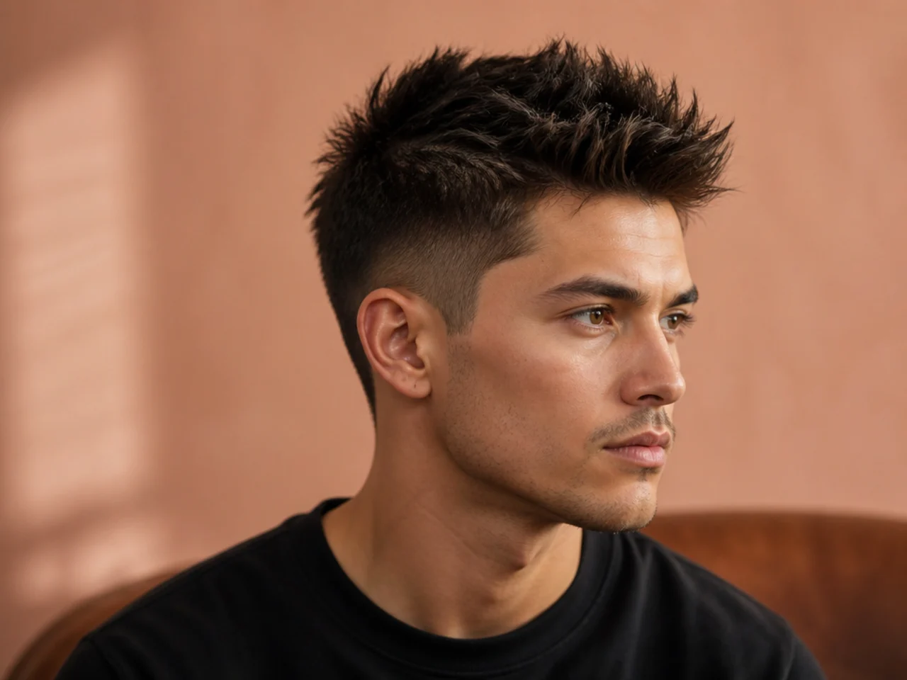 Side view of a modern short spiky haircut showing textured tops and clean sides