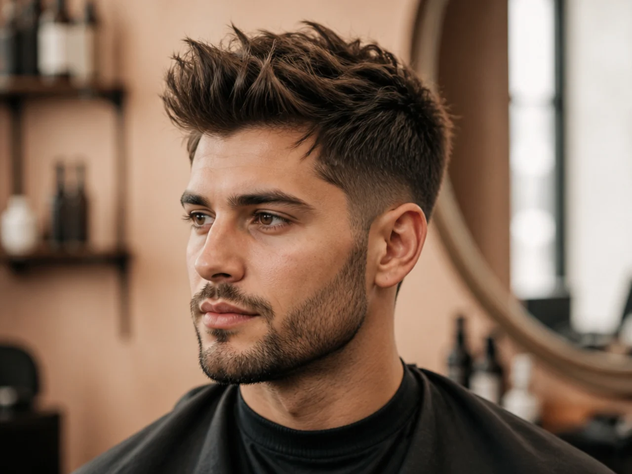 Diego, 24, barista and musician, wearing a textured piecey spiky quiff with low fade sides and visible piece separation