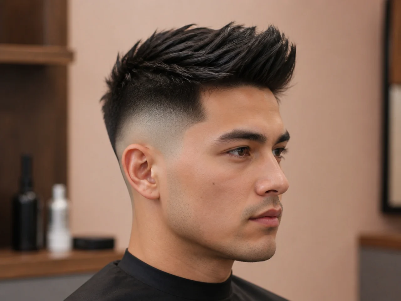 Kai, 22, personal trainer, wearing a high skin fade spiky quiff with sharp contrast and lifted matte peaks