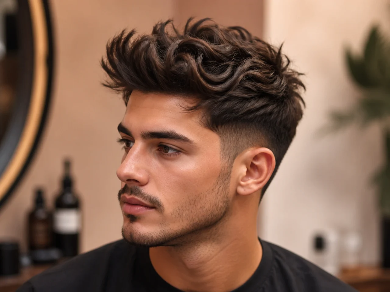 Elias, 31, teacher, wearing a wavy spiky quiff with natural wave pattern lifted into soft peaks over low taper sides
