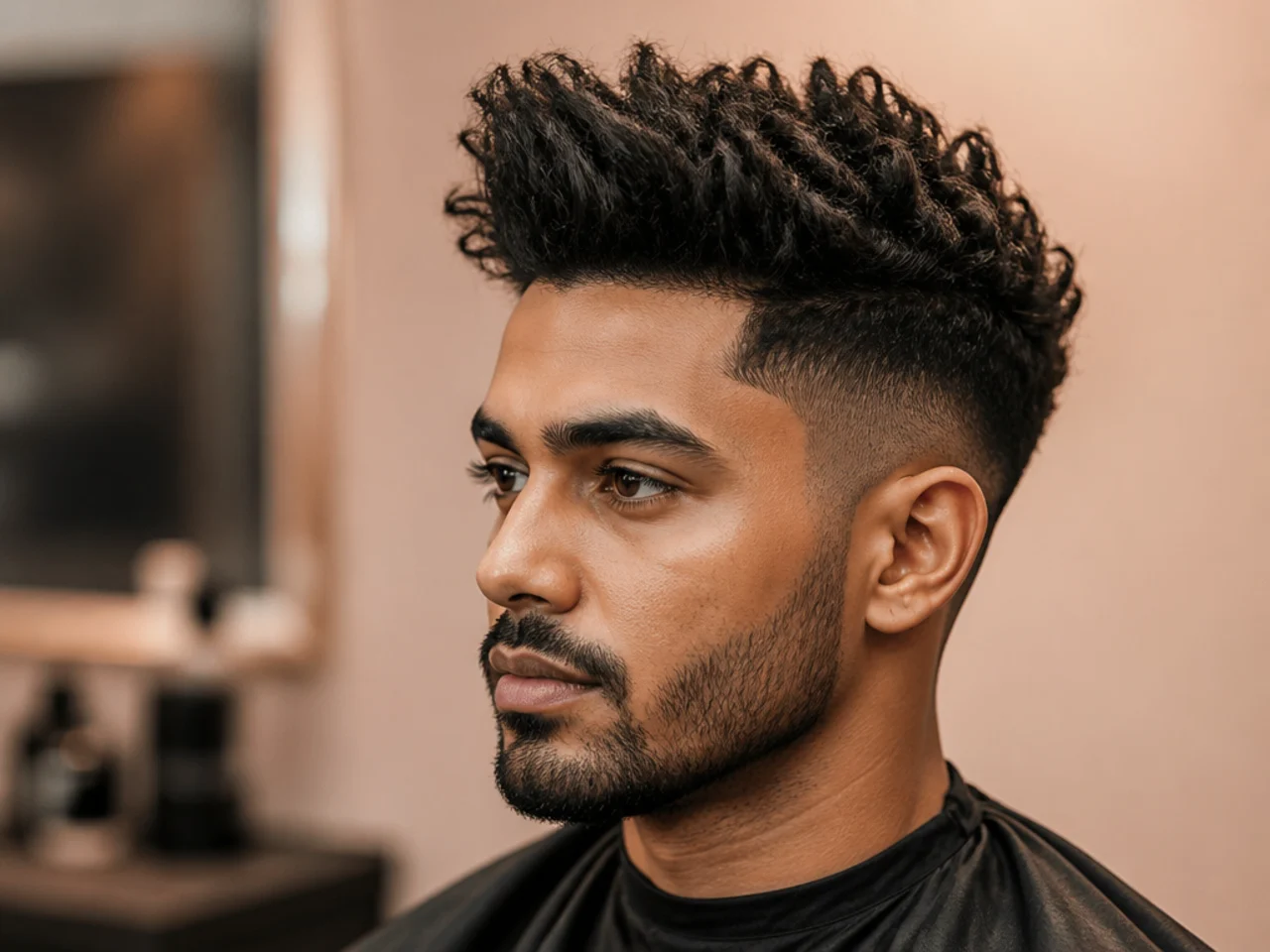 Rohan, 26, mechanical engineer, wearing a curly spiky quiff with defined coils lifted into vertical peaks over a mid fade
