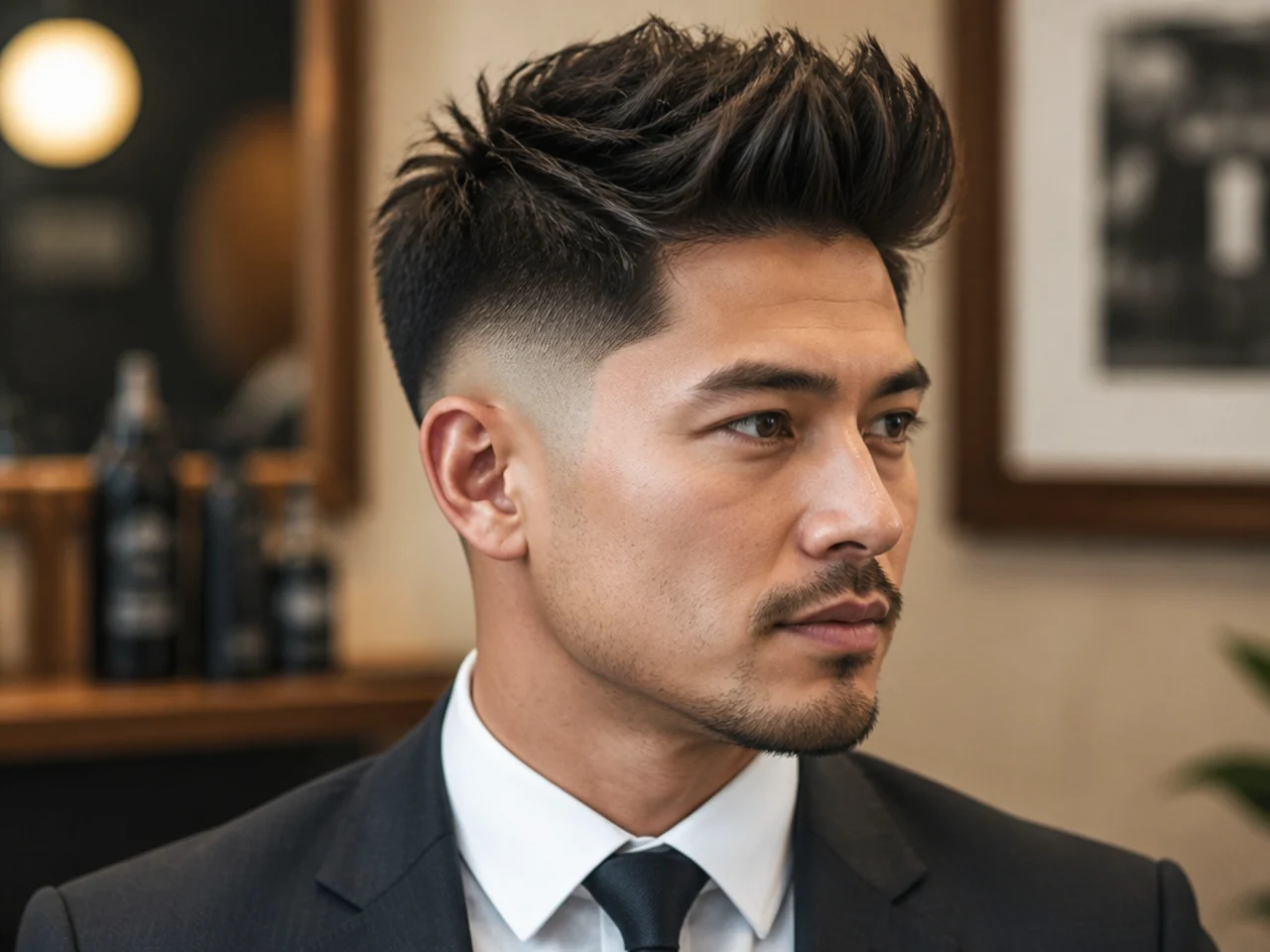 Ben, 35, corporate lawyer, wearing a workplace-friendly low fade spiky quiff with subtle peaks and matte finish