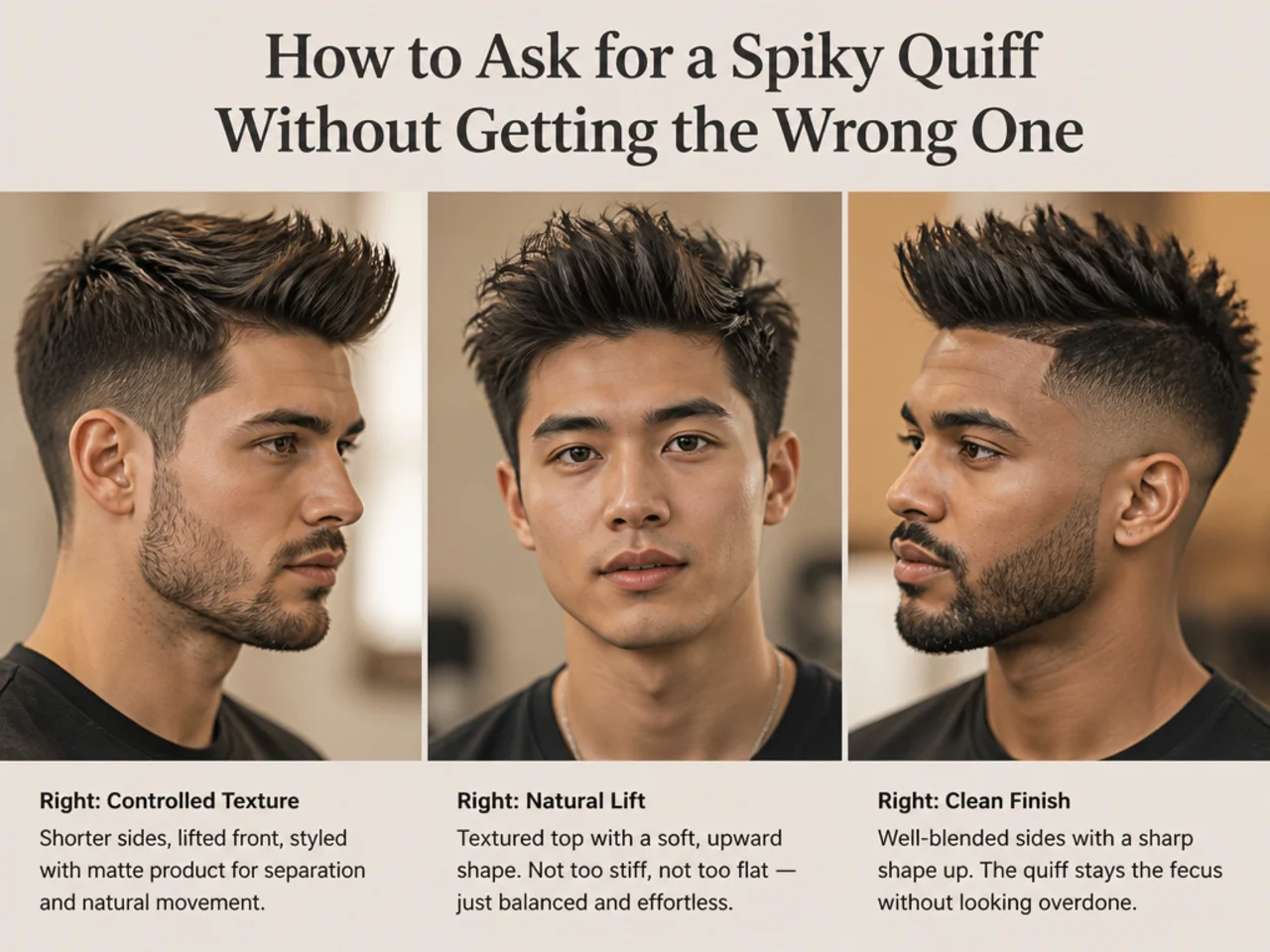Barber and client comparing reference photos of a spiky quiff on a phone in a warm-lit barbershop