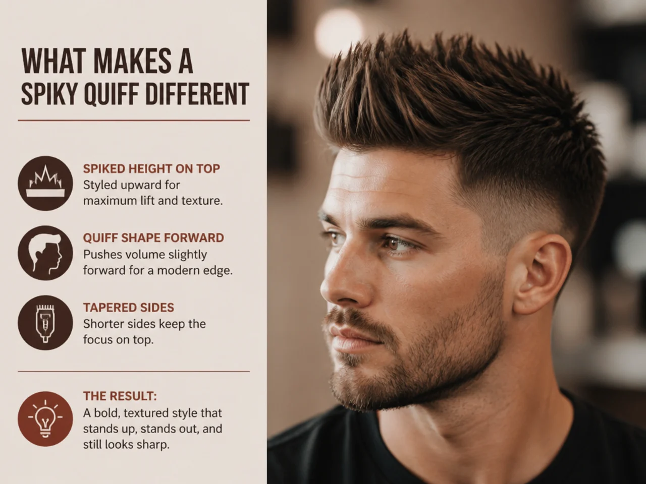 Modern spiky quiff on a young man with defined matte peaks at the front and tapered sides