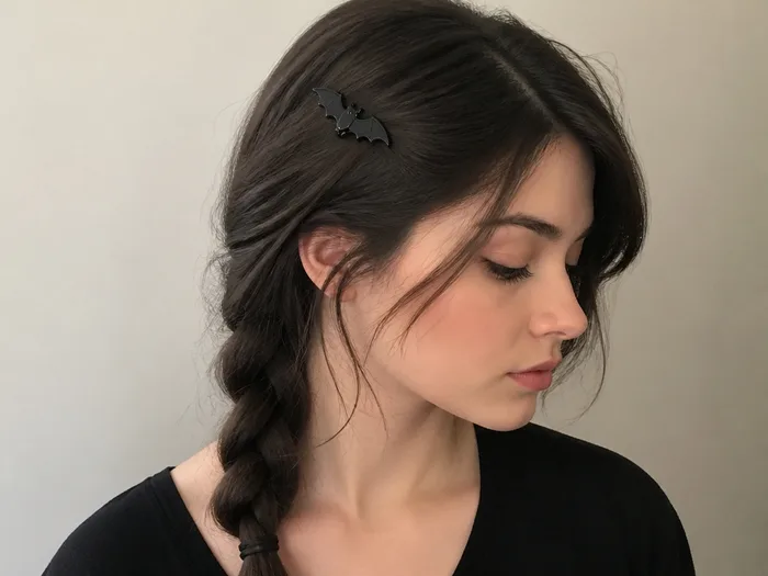 Bat-wing side braid Halloween hairstyle with a swept side braid and bat clip