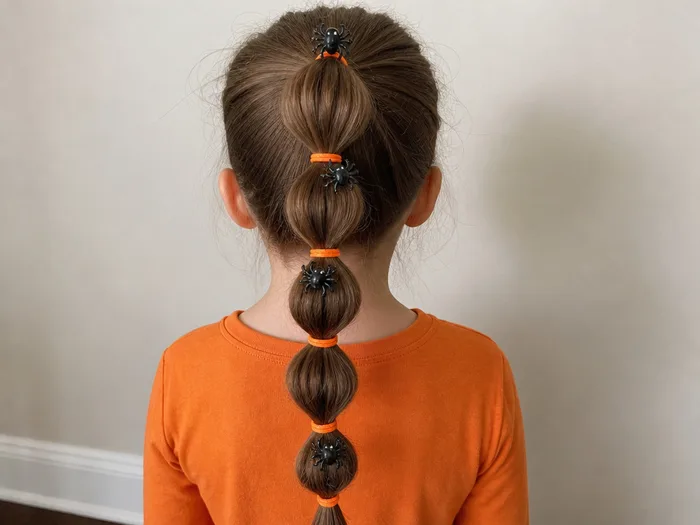 Bubble braid Halloween hairstyle with small plastic spiders