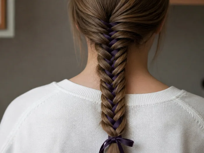 Witchy fishtail braid Halloween hairstyle with dark ribbon woven through