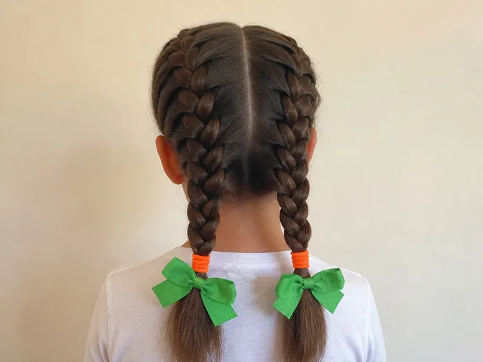 Double Dutch pumpkin braids Halloween hairstyle with orange elastics