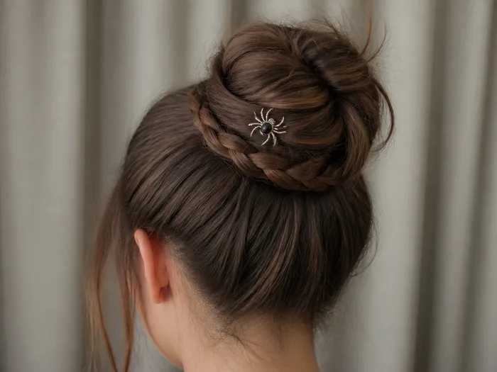 Spider bun with web braid Halloween hairstyle with a bun and web detail