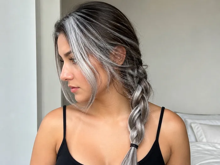 Ghostly silver braid Halloween hairstyle with pale silver braid