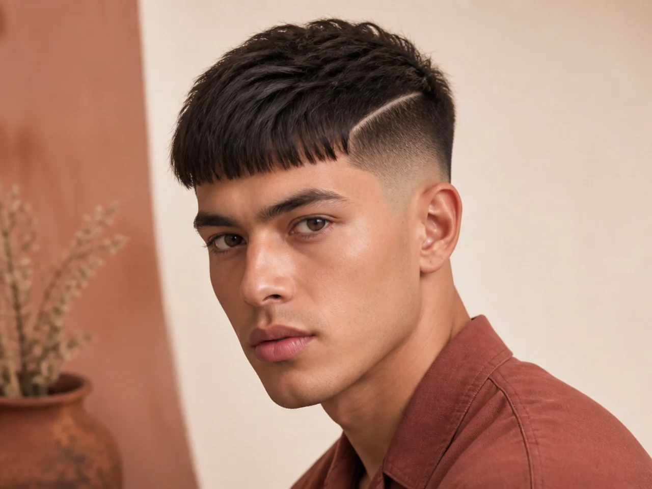 A straight fringe with a shaved hard part