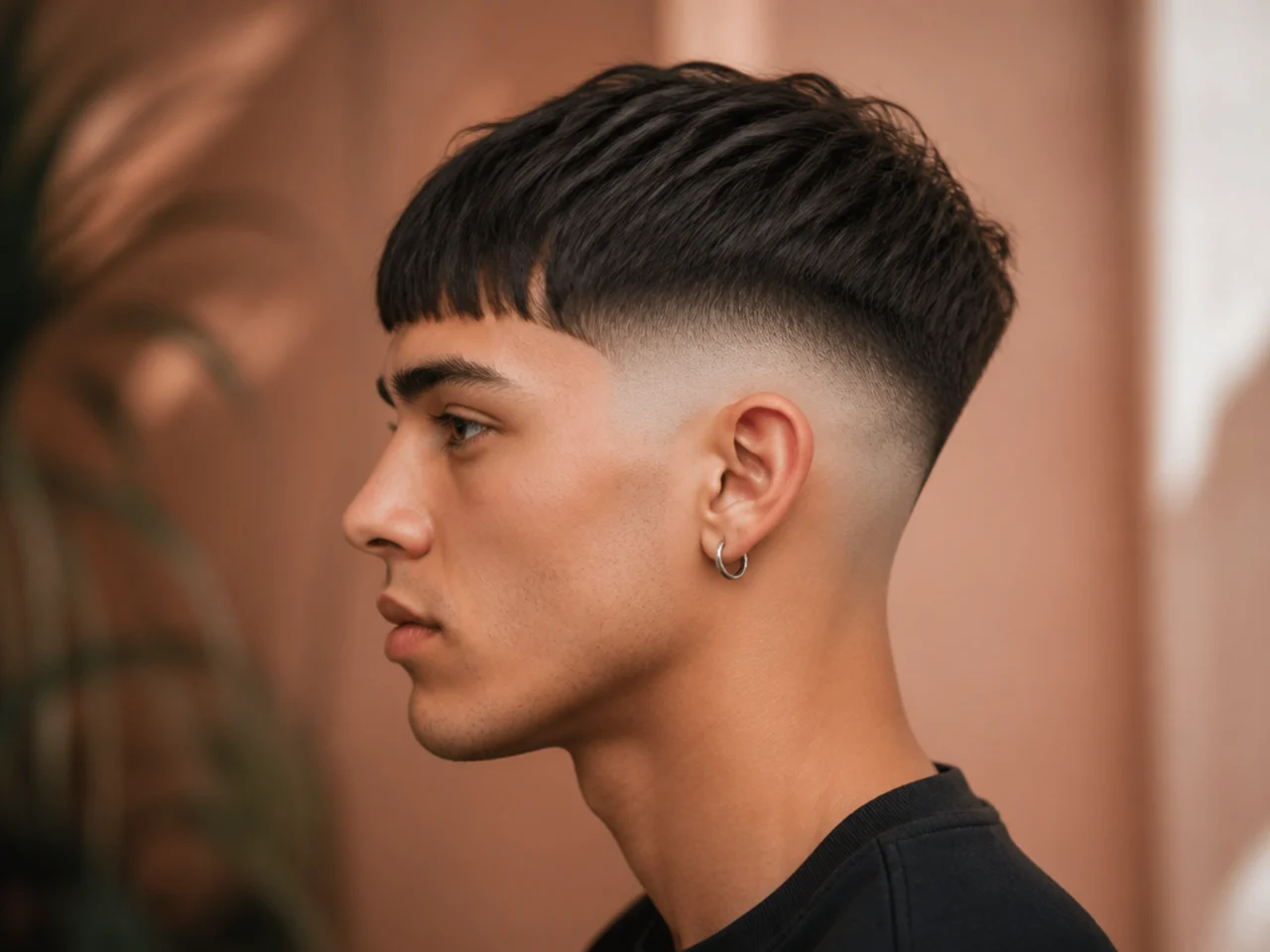 A straight fringe above a skin fade