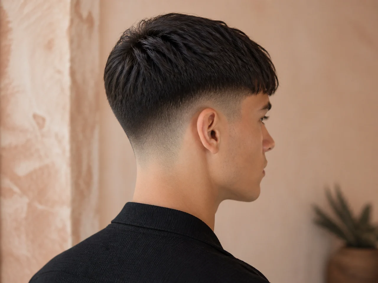 A flat Caesar fringe on straight hair
