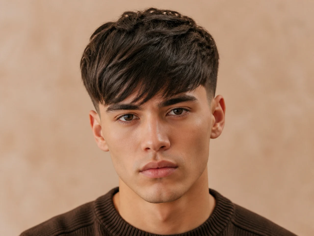 A straight fringe swept diagonally across the forehead