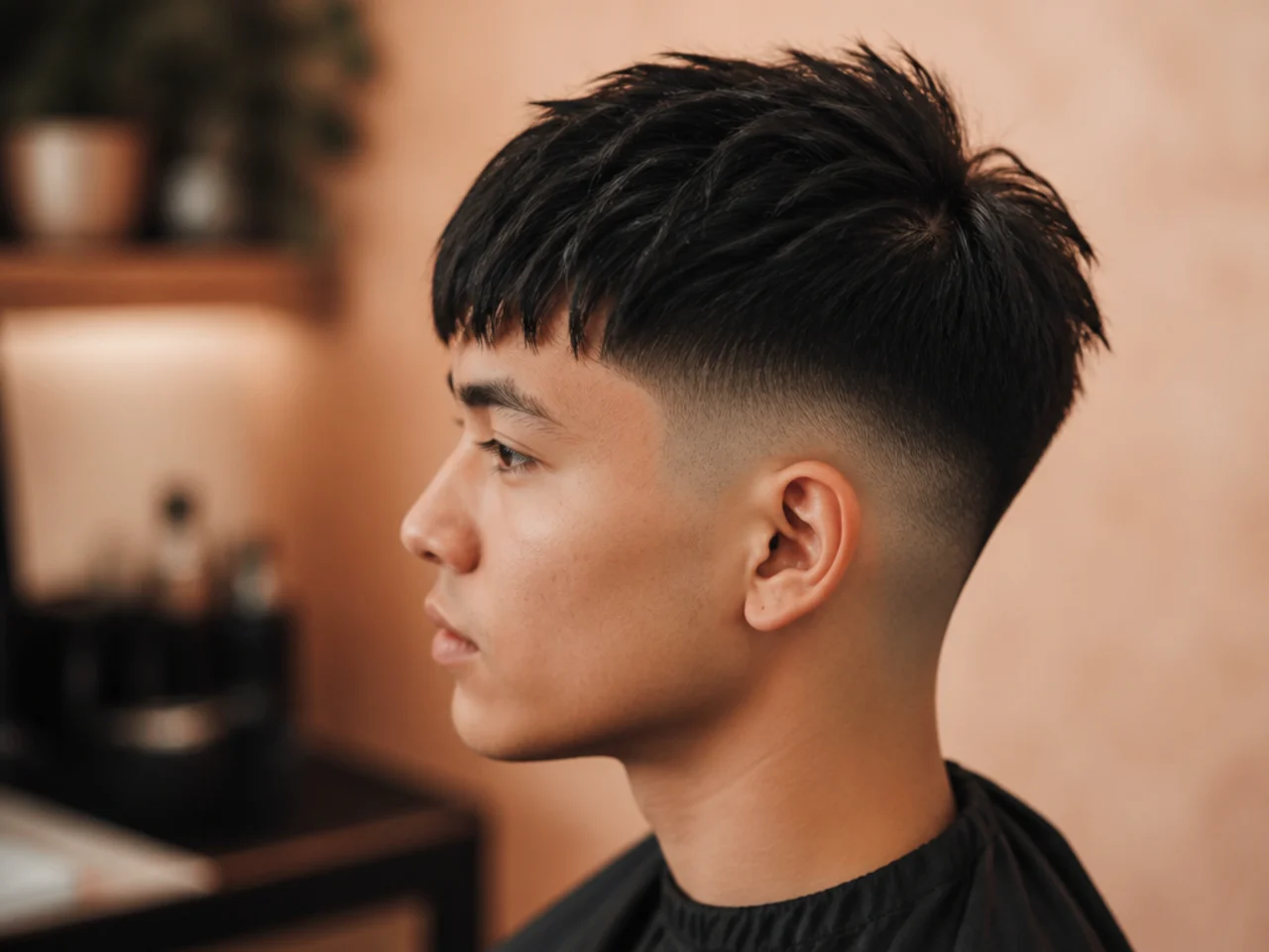 A straight fringe worked around a front cowlick