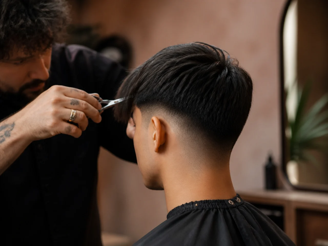 A barber point-cutting into the ends of a straight fringe